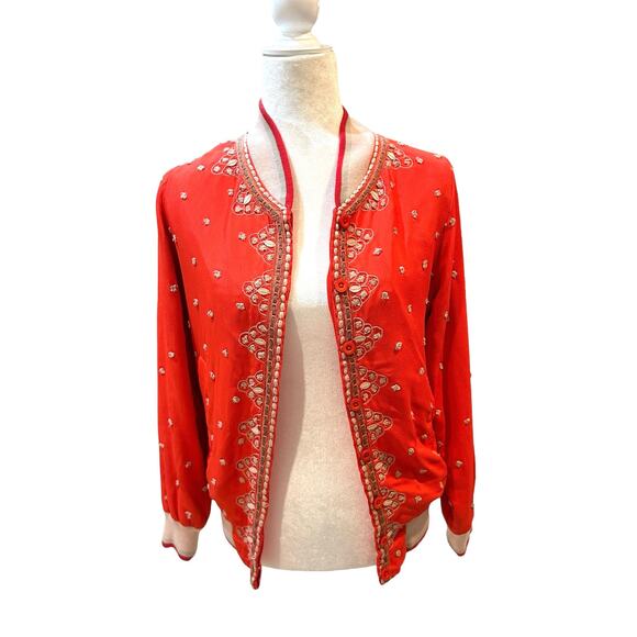 Anthropologie Conditions Apply Arabella Jacket Size XS Red Embroidered Bomber - Picture 2 of 16